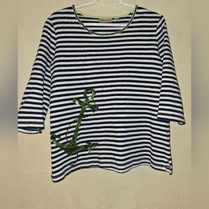 Quacker Factory Navy Striped Top with Green Anchor